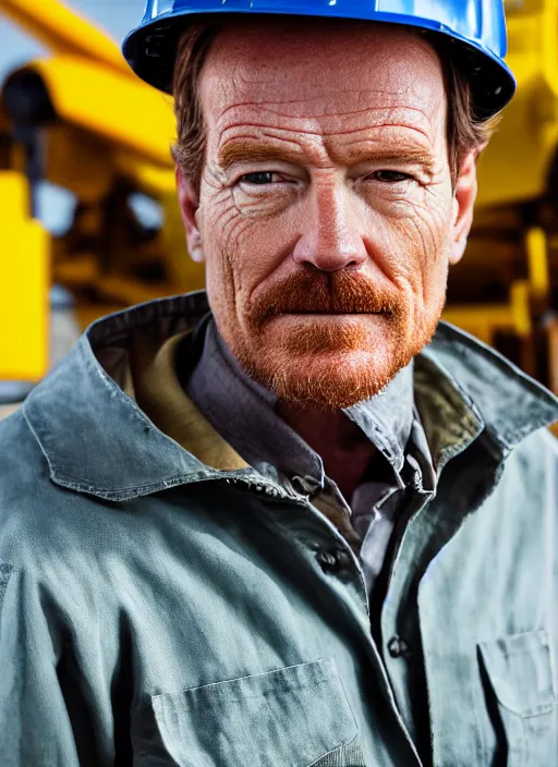 Image similar to closeup portrait of mecha bryan cranston with construction crane, yellow hardhat, natural light, bloom, detailed face, magazine, press, photo, steve mccurry, david lazar, canon, nikon, focus