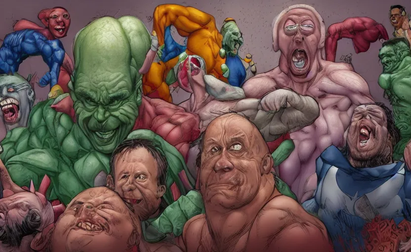 Prompt: the biggest loser in the building, laughingstock, public shame, strange emotions, disrupted mental state, digital painting, by Ryan Ottley and Jim Lee, masterpiece, trending on artstation, 4k wallpaper