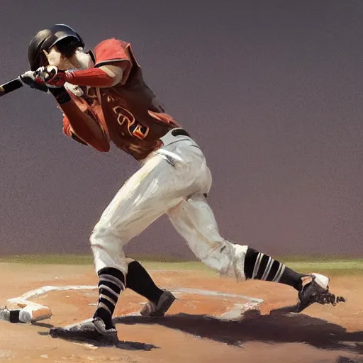 Image similar to baseball player hitting the ball with the baseball bat in the middle of the game and in front of everyone in the stadium, james gurney painting style, greg rutkowski, artstation