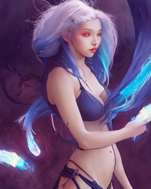 Image similar to stunningly beautiful female with a dragon back tattoo, blue hair, dj sura, laser lights, sharp focus, digital painting, 8 k, concept art, art by wlop, artgerm, greg rutkowski and alphonse mucha