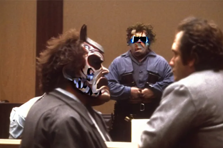 Prompt: leatherface in court testifying against robocop, detailed facial expressions