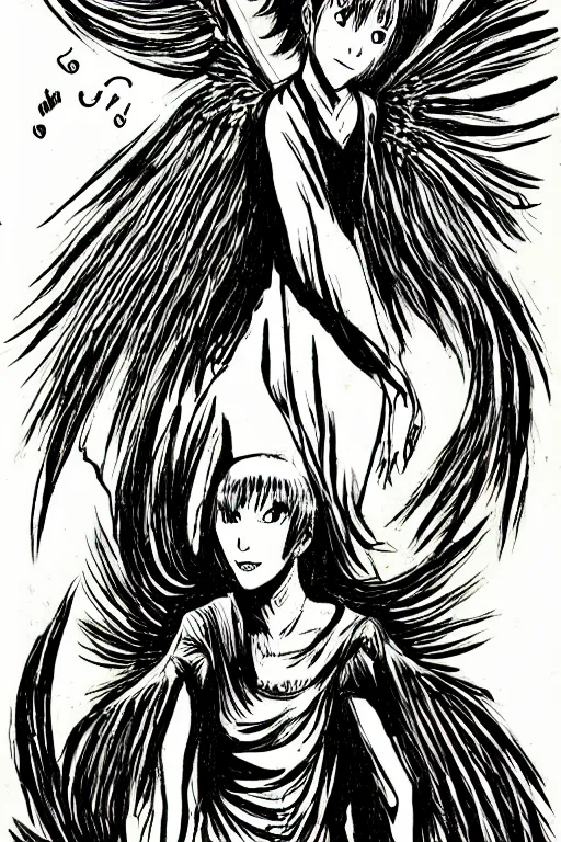 Image similar to angel of death smiling in the dark night, by junji ito with shiver manga art style