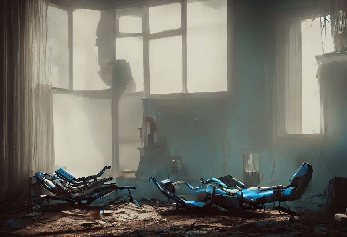 Image similar to intimate photograph of one single lone solitary cerulean and brown decaying futuristic robot lying on a frayed fainting couch in front of a beautiful fireplace with a cozy fire, in a dusty Victorian home, soft morning light seeping in a window, with cinematic lighting and lens flare, tall ceiling, octane render, cgsociety, by Simon Stalenhag and Rouhollah Toghyani and Sylvian Boussiron and Alfonso Cuaron, highly detailed closeup portrait, award-winning highly detailed 8k anamorphic closeup tight cinematic movie photograph