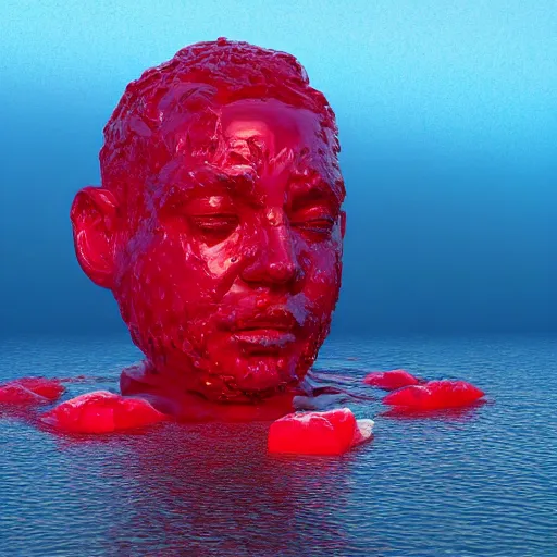 Prompt: a giant human head sculpture in the sea made out of juicy red jelly, in the style of chad knight, long shot, hyper detailed, hyper realistic, ray tracing, 8 k resolution, sharp focus, realistic water, award winning