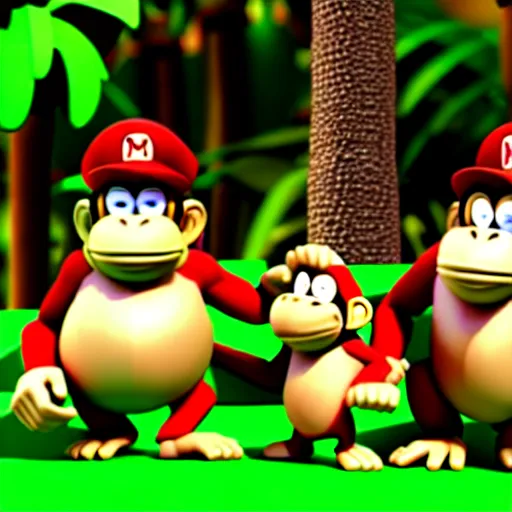 Image similar to Donkey Kong and Diddy Kong surrounded by tropical trees and barrels, 3D render