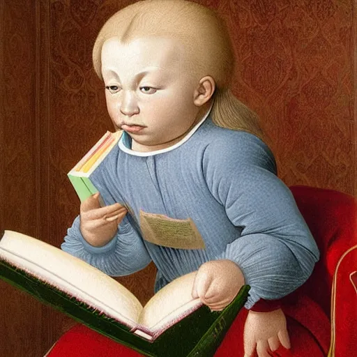 Prompt: hyperrealistic hyperdetailed elaborate minimalist half-lenght portrait of child, reading an interesting illustrated book. in the style of Michelangelo, Canaletto, Caravaggio and Andy Warhol. amazing textures. HD 8x no frame