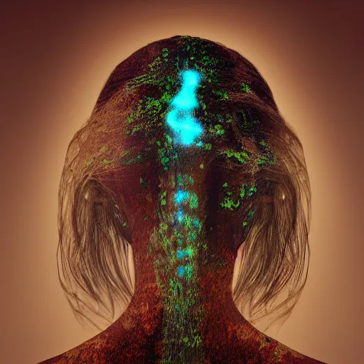 Image similar to long shot of woman with fungal growth overtaken top half of head bioluminescent iridescent opalescent fungal growth, highly textured rust