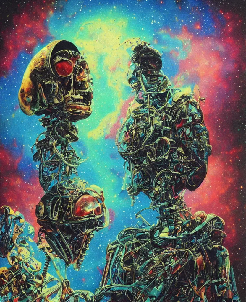 Prompt: a psychedelic cosmonaut skeleton melting tearing his suit off, rainbow melting color scheme, floating in the cosmos nebula, glass space helmet, in front of a destroyed retrofuturism spaceship, Beksinski, Greg Hildebrandt, 8k highly detailed ❤️‍🔥 🔥 💀 🤖 🚀