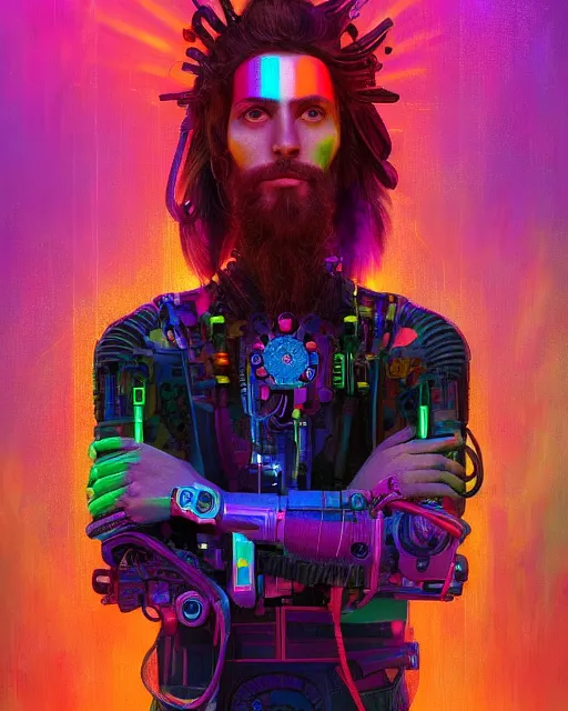 Image similar to colorful portrait of a male hippie with cybernetics, but set in the future 2 1 5 0 | highly detailed | very intricate | symmetrical | professional model | cinematic lighting | award - winning | painted by mandy jurgens | pan futurism, dystopian, bold psychedelic colors, cyberpunk, anime aesthestic | featured on artstation