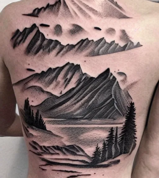 Image similar to creative double exposure effect tattoo design sketch of margot and beautiful mountains and nature, mountain scenery, realism tattoo, in the style of matteo pasqualin, amazing detail, sharp