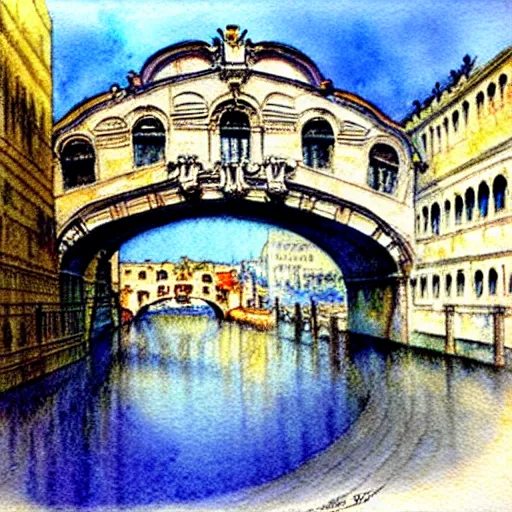 Image similar to the bridge of sighs in the style of vrubel, watercolor, pastel colors