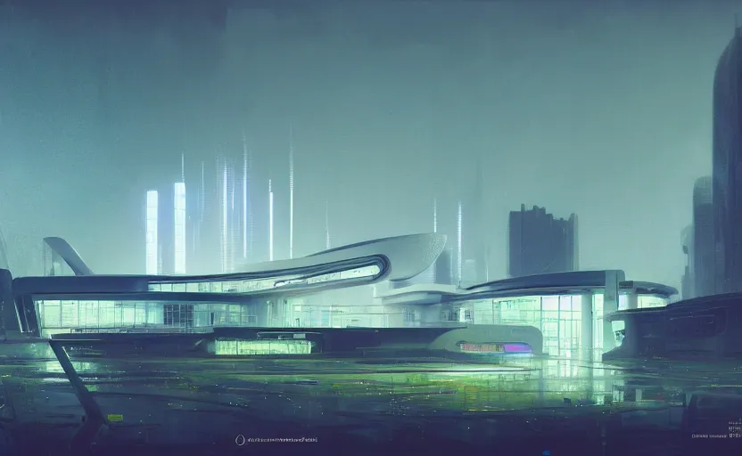 Image similar to painting of a wide angle exterior shot of a white modern futuristic cyberpunk architecture with neon lights in the middle of an english garden with cinematic lighting by peter zumthor and renzo piano, darek zabrocki and greg ruthkowski, alphonse mucha, simon stalenhag and cinematic and blue cold atmospheric, archillect concept art, artstation, trending on artstation