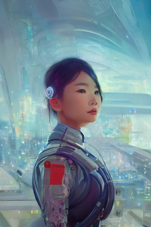 Image similar to portrait futuristic asian airforce girl, looking at the camera, in future airport rooftop , sci-fi, fantasy, intricate, very very beautiful, elegant, human anatomy, neon light, highly detailed, digital painting, artstation, concept art, smooth, sharp focus, illustration, art by tian zi and WLOP and alphonse mucha