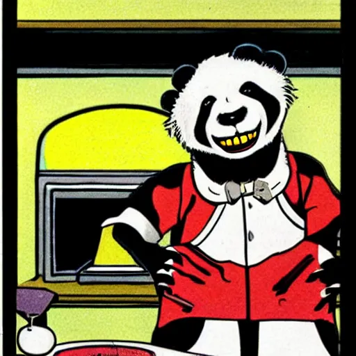 Image similar to a humorous full - color comic illustration from a 1 9 7 0 s issue of mad magazine in which an anthropomorphic panda walks into a bar and then eats, shoots, and leaves.