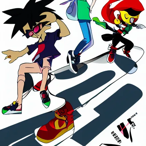Image similar to skater character on white background, cartoony stylized proportions by hiroyuki imaishi 今 石 洋 之 gainax studio trigger inks and colors