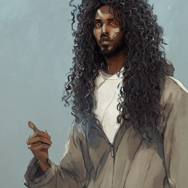 Image similar to a somali man with long curly hair, wearing adidas clothing, anime style, portrait, elegant, intricate, digital painting, artstation, concept art, smooth, sharp focus, illustration, art by konstantin korovin and daniel f. gerhartz and john howe