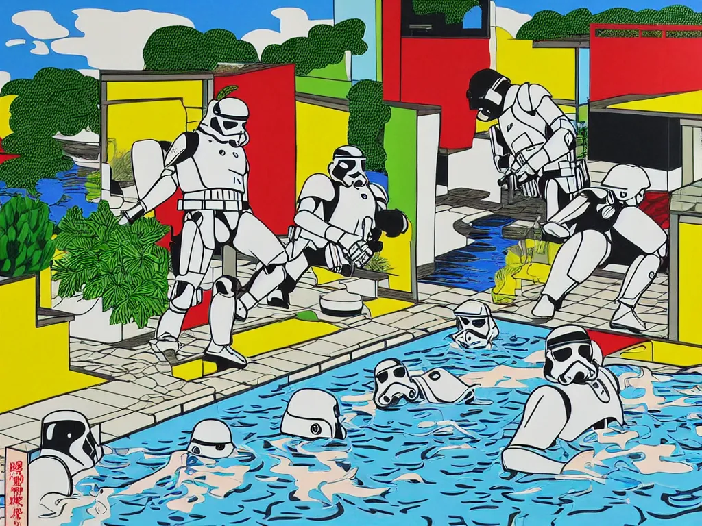 Image similar to hyperrealism composition of the japanese house with a hot springs in the garden, two detailed stormtroopers bathe in a hot spring, pop - art style, jacky tsai style, andy warhol style, roy lichtenstein style, acrylic on canvas