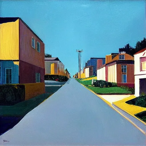 Image similar to “Wayne thiebaud painting of streets and houses”