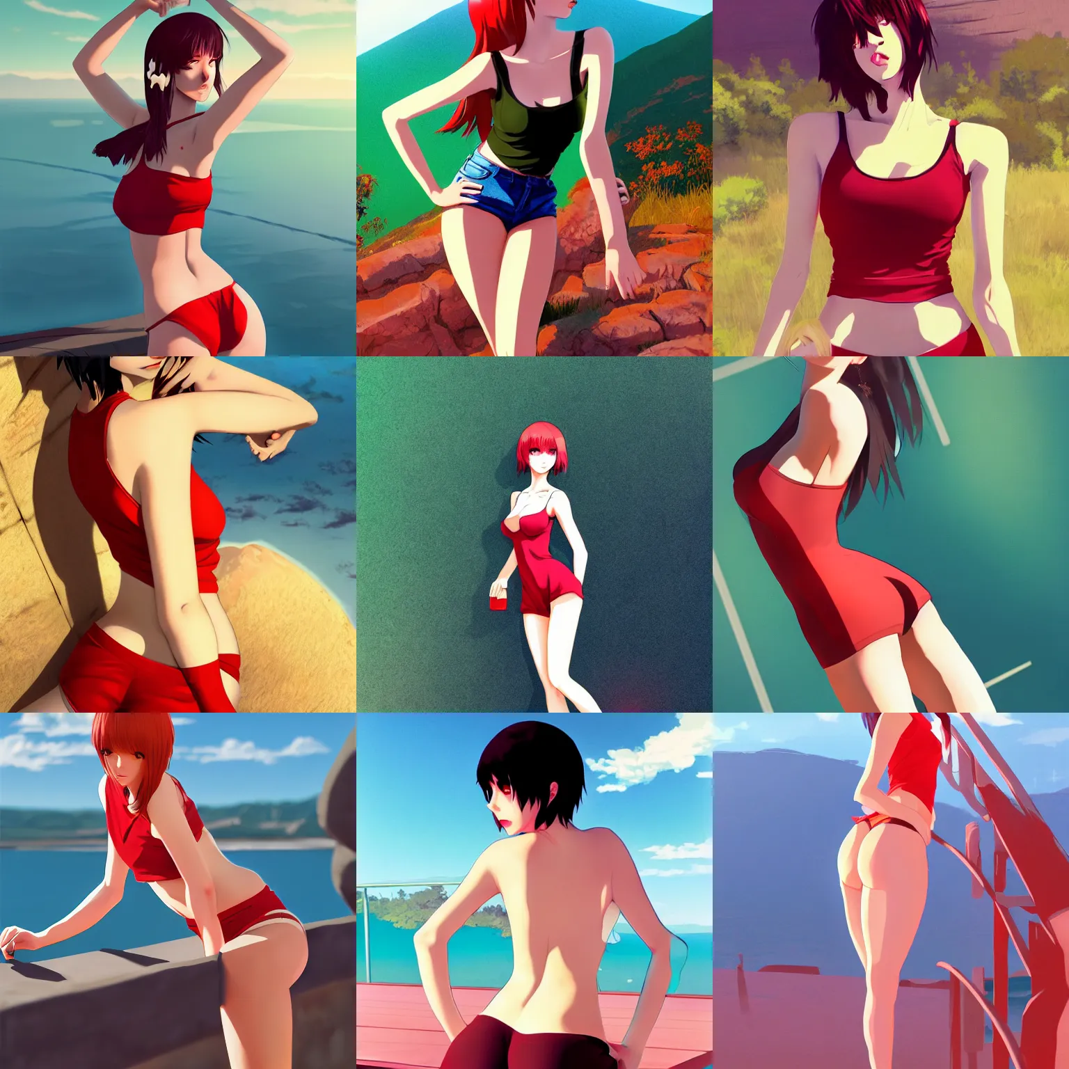 Prompt: sexy girl wearing a low cut tanktop and shorts, bending down slightly, hand on hips, luscious red lips, scenic view, in the style of ilya kuvshinov, 3 d, high definition anime art, gorgeous, sexy, pretty, curvacious