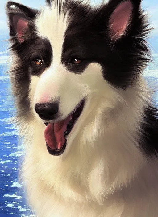 Image similar to beautiful portrait of a cute anthro male anthropomorphic border collie fursona wearing a swimsuit in antarctica. character design by charlie bowater, henry asencio, and ross tran. scenic background, detailed, glamor pose, aesthetic, furry, trending on artstation, top rated on furaffinity and deviantart