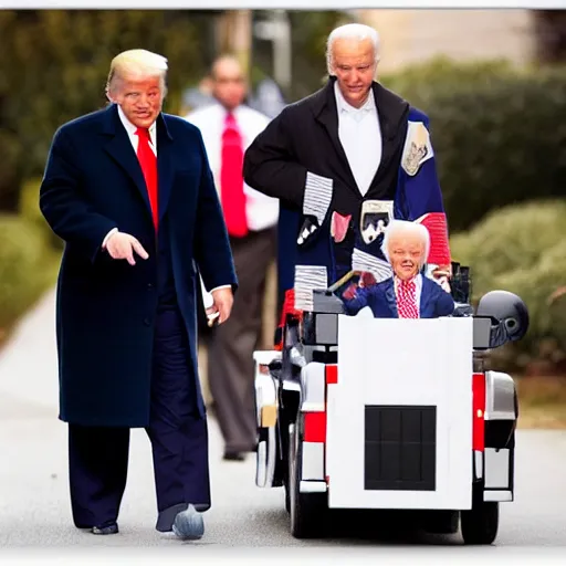 Image similar to tiny donald trump going trick or treating with joe biden, award winning photo