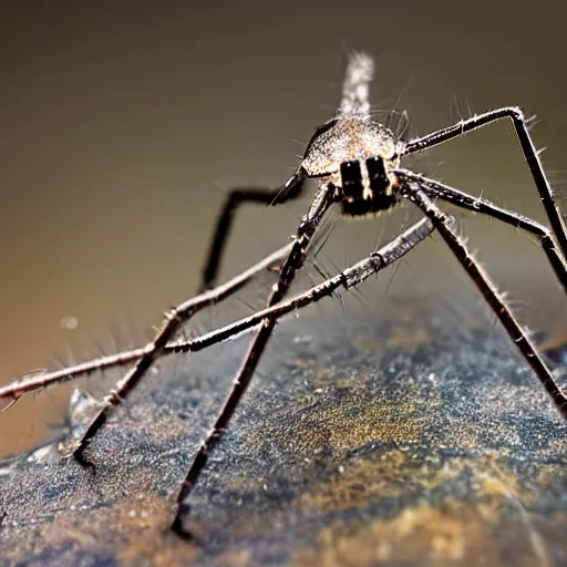 Prompt: close up photo of a cellar spider, drinking water from a lake in tasmania, bokeh, 4 0 0 mm lens, 4 k award winning nature photography