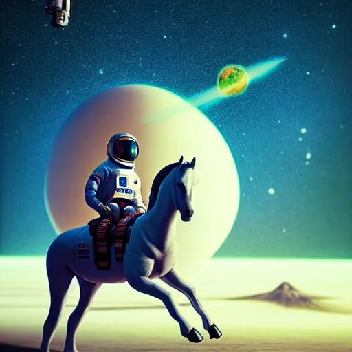Image similar to hyperrealism aesthetic highly detailed photography of horse astronautback riding on a astronaut. from western by hiroyuki okiura and katsuhiro otomo and alejandro hodorovski style with many details by mike winkelmann and vincent di fate in sci - fi style. volumetric natural light hyperrealism photo on dsmc 3 system,