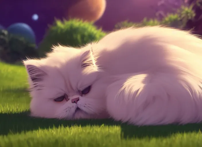 Image similar to a wholesome animation key shot of a persian cat sleeping, long fur, close up, studio ghibli, pixar and disney animation, sharp, rendered in unreal engine 5, clear sky, anime key art by greg rutkowski, bloom, dramatic lighting