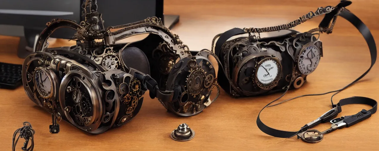 Image similar to advanced complex steampunk VR headset