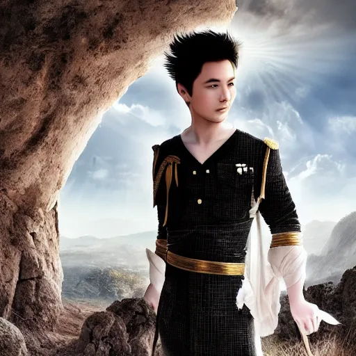 Prompt: a portrait of a young handsome prince, white fringy hair, white shirt under a black tunic, smooth, epic landscape, backlit, incredible lighting, strong rim light, highly detailed, god rays, digital painting, HDRI, by Heise Jinyao, Heise-Lian Yan Fang, Feimo, Richard Taddei, vivid colors, high contrast, 8k resolution, intricate, photorealistic