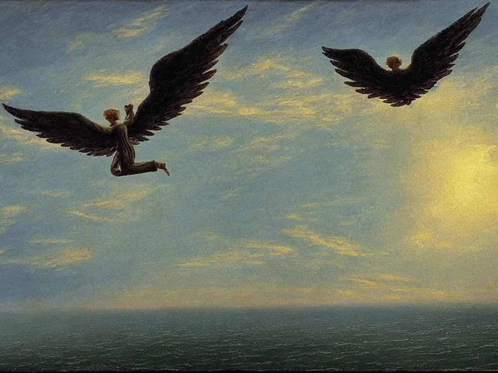 Image similar to biblical angel in the sky flying on the sea painted by caspar david friedrich