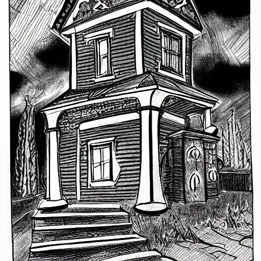 Prompt: 🌌⛰🏚, black and white comic, pencil illustration