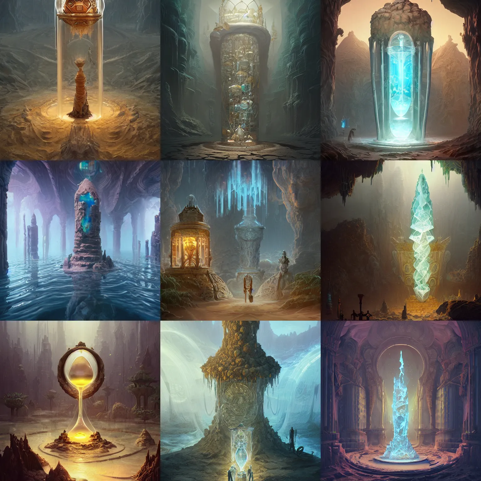 Prompt: flooded crystal temple in an hourglass filling with sand, large pillars, by peter mohrbacher dan mumford craig mullins nekro, cgsociety, pixiv, volumetric light, 3 d render