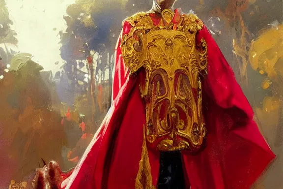 Image similar to oil painting of king, red royal cape, large golden crown, rich jewellery, art by anders zorn, wonderful masterpiece by greg rutkowski, beautiful cinematic light, american romanticism by greg manchess, creation by tyler edlin