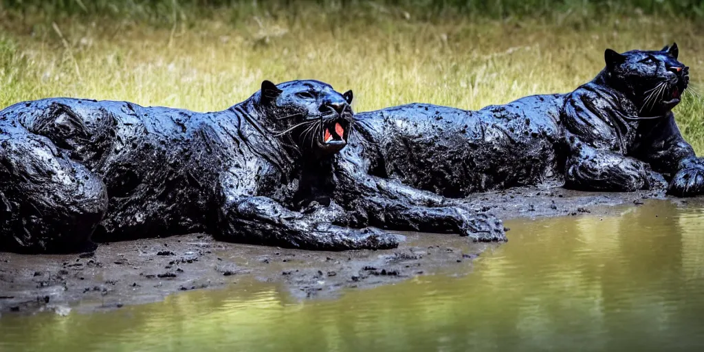 Image similar to a panther, made of tar, bathing inside the tar pit, full of tar, covered with liquid tar. dslr, photography, realism, animal photography, color, savanna, wildlife photography