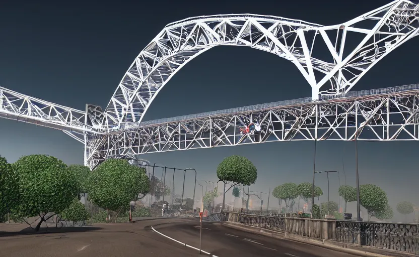 Image similar to huge xplosions in the form of white cotton plants destroy big harbour bridge, 3 d octane render, epic lighting, 8 k, by goro fujita