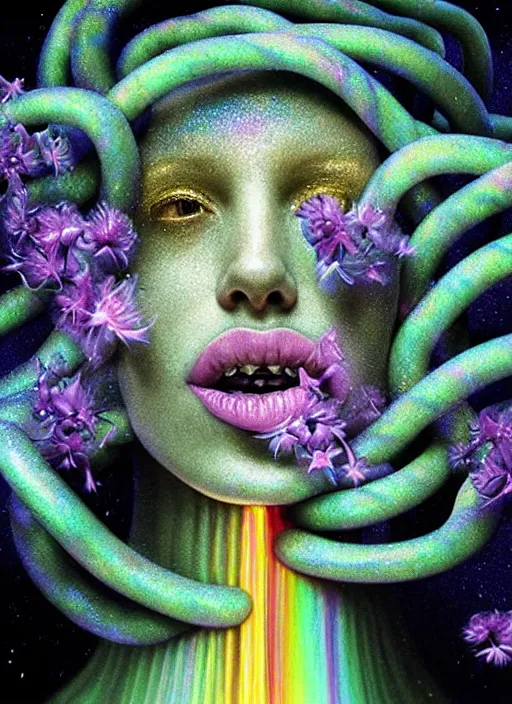 Image similar to hyper detailed 3d render like a chiaroscuro Oil painting - Aurora (metallic iridescent rainbow faced goddess) seen Eating of the Strangling network of yellowcake aerochrome and milky Fruit and Her delicate Hands hold of gossamer polyp blossoms bring iridescent fungal flowers whose spores black out the foolish stars by Jacek Yerka, Mariusz Lewandowski, Houdini algorithmic generative render, Abstract brush strokes, Masterpiece, Edward Hopper and James Gilleard, Zdzislaw Beksinski, Mark Ryden, Wolfgang Lettl, hints of Yayoi Kasuma, octane render, 8k