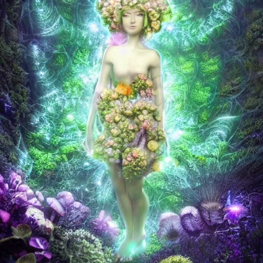 Image similar to glowing delicate flower and mushrooms that grow in a dark fatansy forest on the planet Pandora, an idealistic marble statue with fractal flowery hair in a fractal garden,