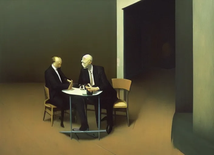 Image similar to portrait painting of two business men making a deal, science fiction, Edward Hopper and James Gilleard, Zdzislaw Beksinski, highly detailed