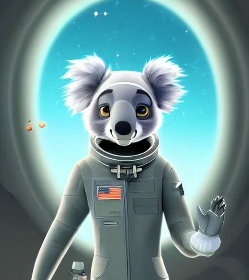 Image similar to digital detailed full body of anthromorphic female koala, in style of zootopia, fursona, furry, furaffinity, 4 k, deviantart, wearing astronaut outfit, in style of zootopia, floating in space, space background, in deep space, dark background, hyena fursona, cyberpunk, female, detailed face,