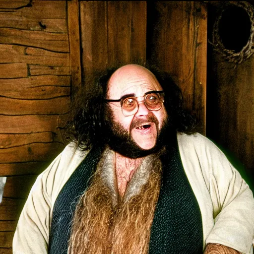 Image similar to Danny Devito as Hagrid in his cabin, 35mm film