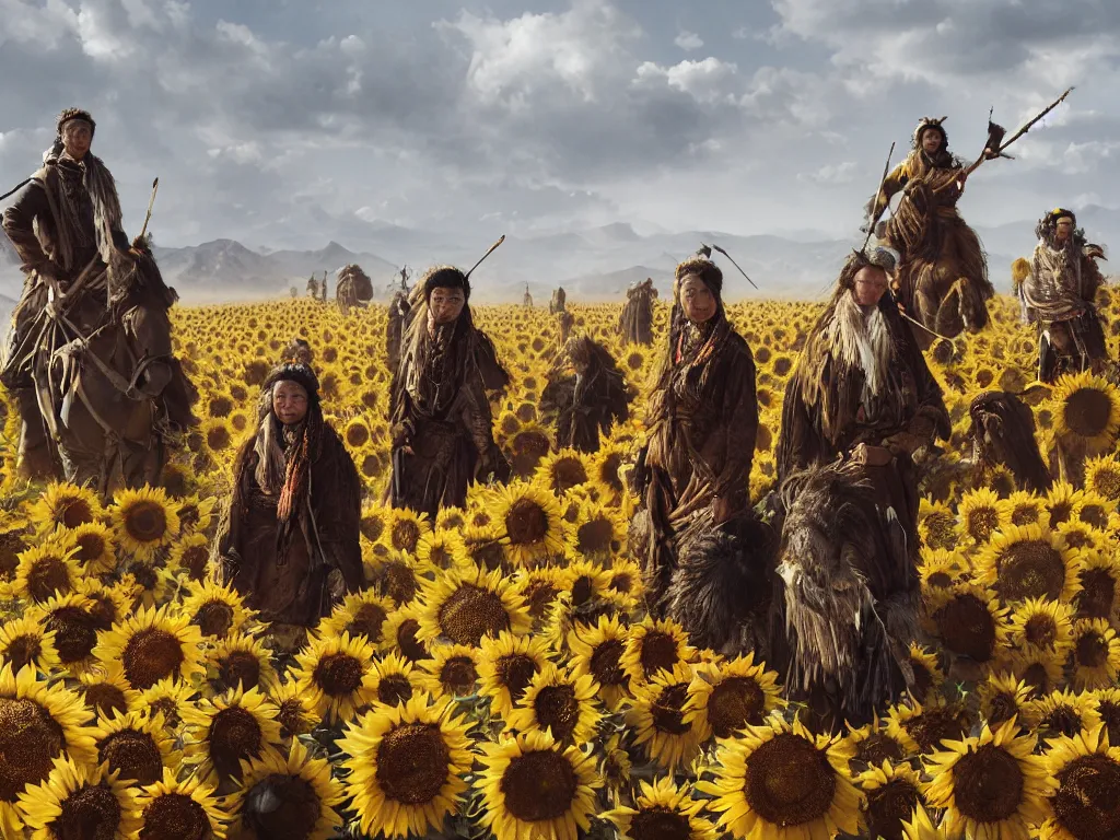 Image similar to a portrait of the mighty sunflower people, a nomadic mongolian tribe that follows the sun in a vast barren valley where helianthus grow tall and abundantly, by Greg Rutkowski, Sung Choi, Mitchell Mohrhauser, Maciej Kuciara, Johnson Ting, Maxim Verehin, Peter Konig, Bloodborne, macro lens, 35mm, 8k photorealistic, cinematic lighting, HD, high details, atmospheric