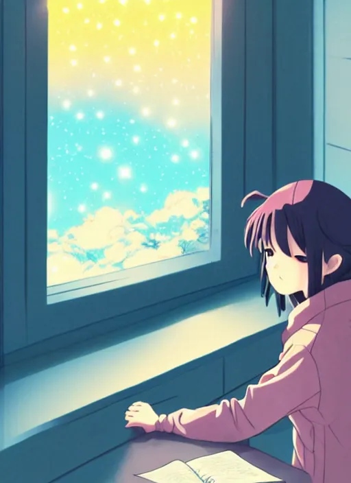 Prompt: lofi anime girl studying with meteor shower outside the window