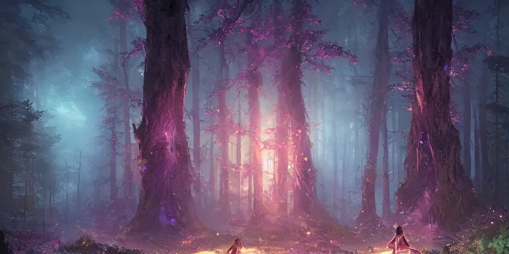 Prompt: a young girl lost in an endless the woods encounters a gigantic glowing purple crystal containing the spirit of the forest at night. Jordan Grimmer. Geoffroy Thoorens.