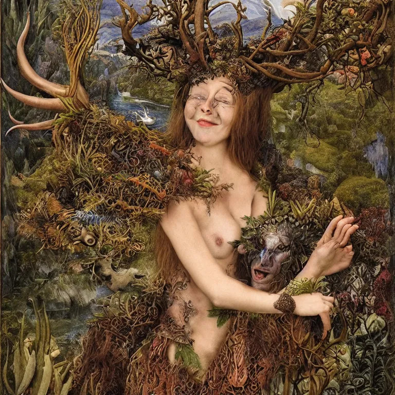 Prompt: a grinning druid dryad with goat pupils transforming herself into a mad beast. her skin is covered in scales and feathers. landscape with mountains, river and night sky. painted by jan van eyck, max ernst and ernst haeckel, trending on artstation, 8 k, award winning, hard lighting, fashion editorial, mythology