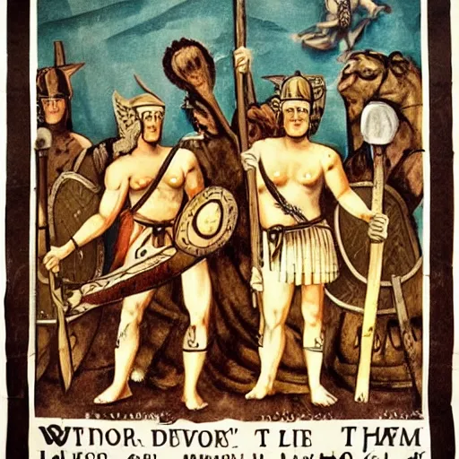 Prompt: A roman propaganda poster demonising tatooed celtic warriors. circa 400 BC