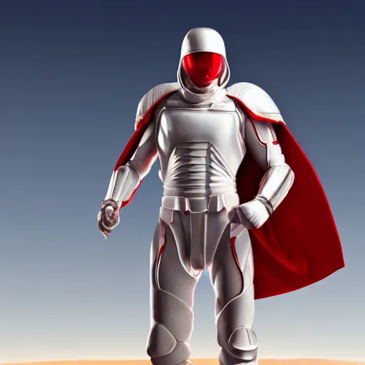 Image similar to portrait of a tall very muscular infantry man in glossy sleek white armor with tiny red details and a long red cape, heroic posture, on the surface of mars, night time, dramatic lighting, cinematic, sci-fi, hyperrealistic, movie still