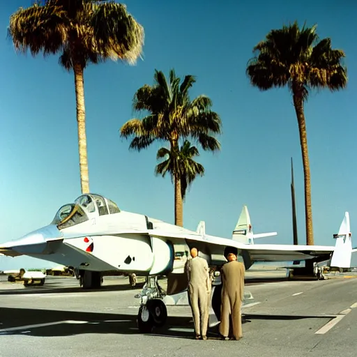 Image similar to 1986 US airforce base, chrome F4 Phantom, US pilots standing around, palm trees