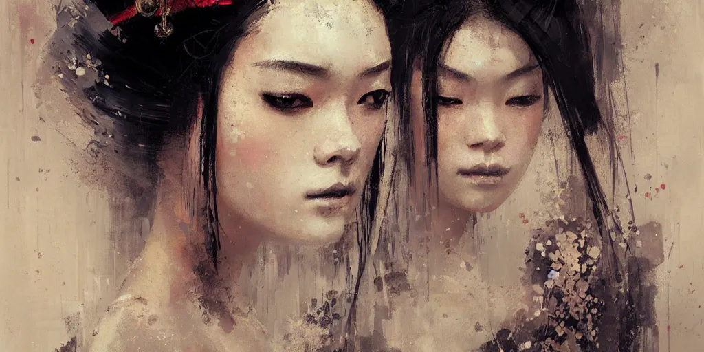 Prompt: female geisha girl, beautiful face, rule of thirds, intricate outfit, by greg rutkowski, by jeremy mann, digital painting