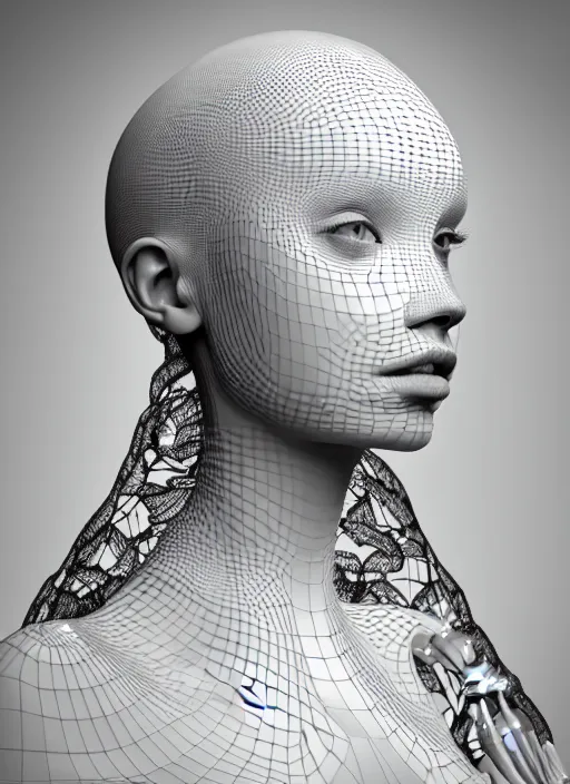 Image similar to complex 3d render ultra detailed of a beautiful porcelain profile young woman face, biomechanical cyborg, 150 mm lens, beautiful studio soft light, rim light, lemon details, big leaves and stems, roots, fine foliage lace, mesh wire, Alexander Mcqueen high fashion haute couture, art nouveau fashion embroidered, intricate details, hyper realistic, ultra detailed, mandelbrot fractal, anatomical, facial muscles, cable wires, microchip, elegant, octane render, H.R. Giger style, black eyes, plump lips, brown skin, volumetric lighting, 8k post-production, trending on Artstation